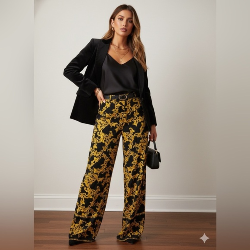 Forever 21 Contemporary Baroque Gold & Black Wide Leg Pants